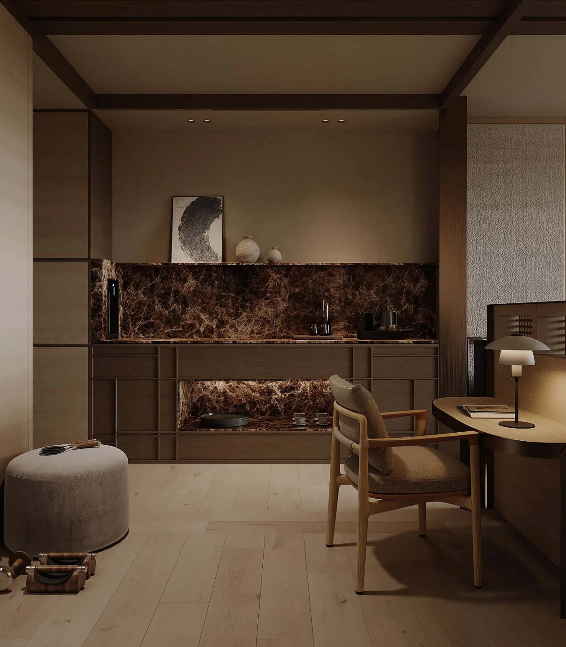 Modern room with workspace, ottoman, and dark marble wall