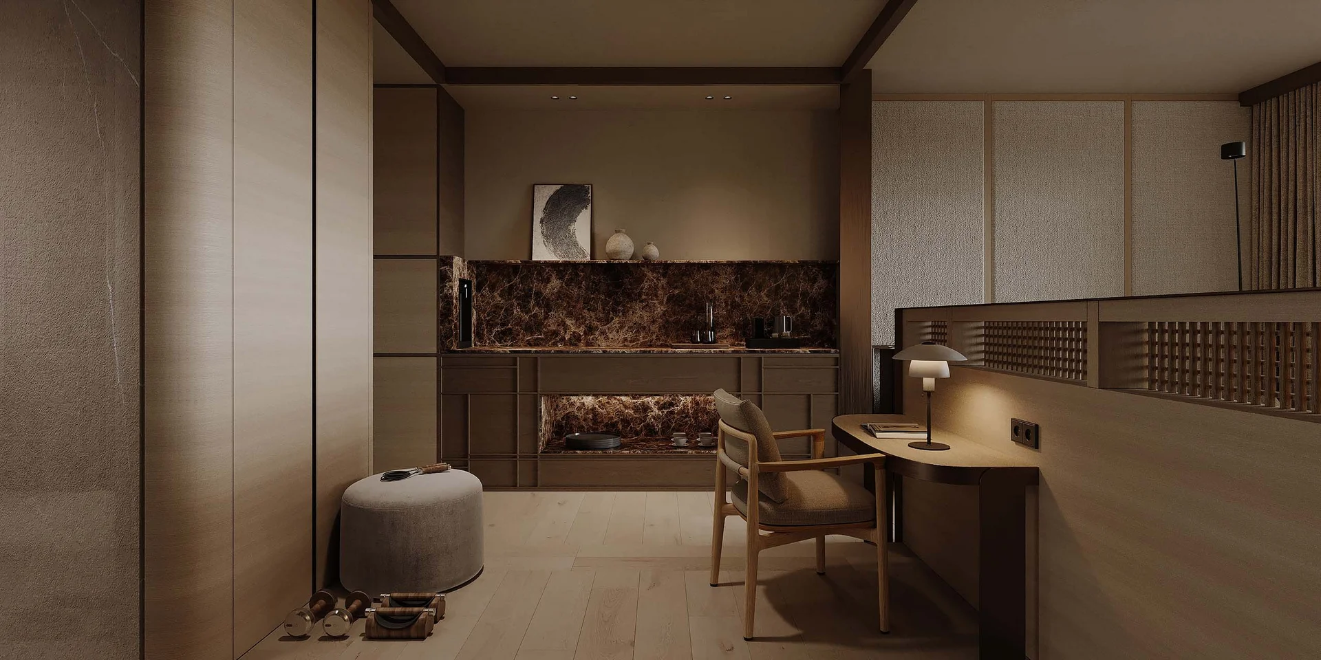 Modernes Zimmer mit Arbeitsbereich, Hocker und dunkler Marmorwand
