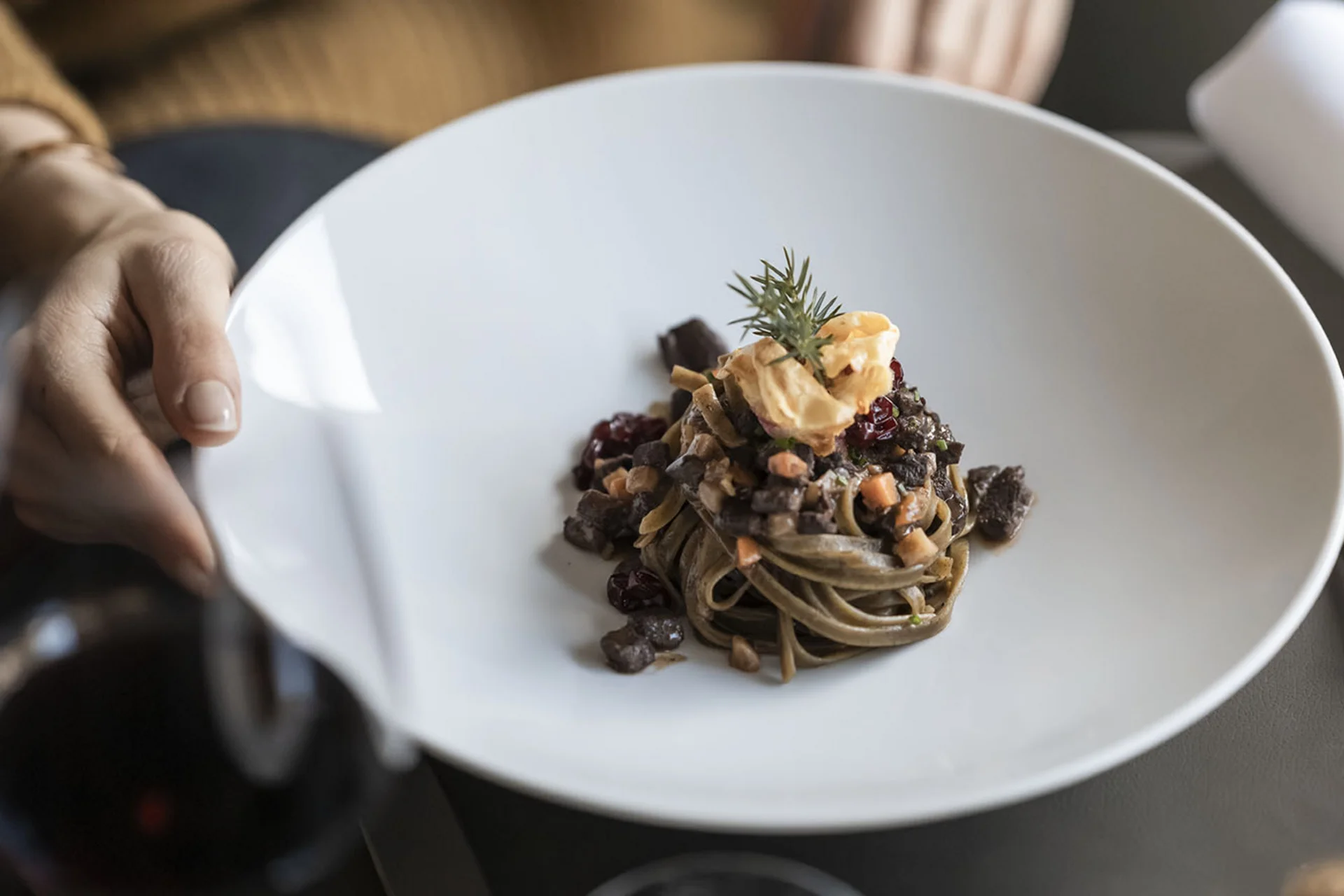 Person hält einen weißen Teller mit einer kleinen Portion dekorierter Pasta