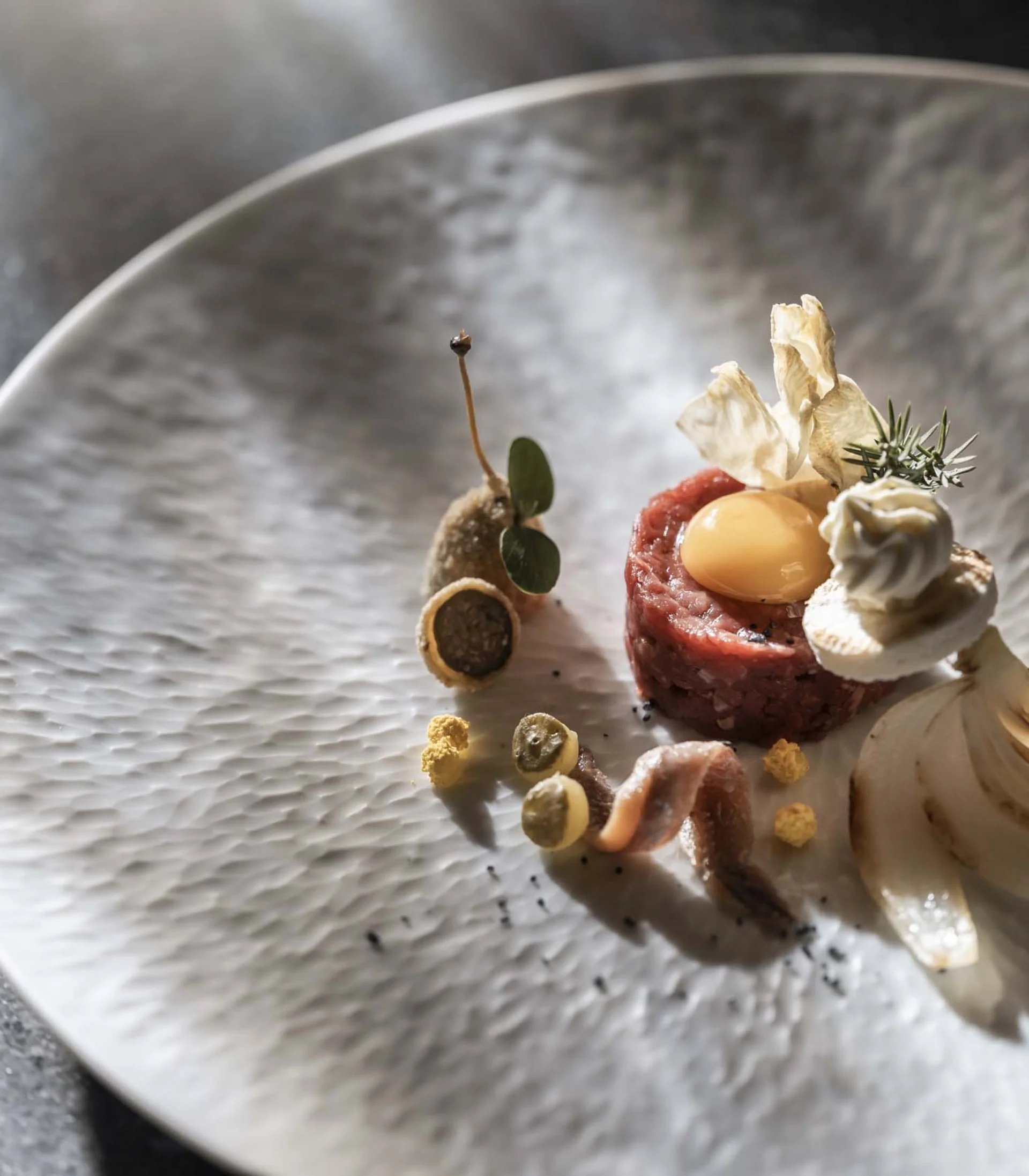 Künstlerisch angerichtetes Gericht mit rohem Fleisch, Eigelb und Gemüse auf Teller