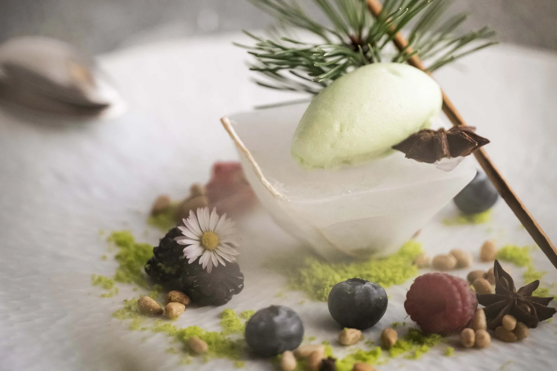 Café the bosco®: ein Ort des Genusses und der Begegnung Feines Dessert mit Beeren, Eis und Gewürzen auf weißem Teller