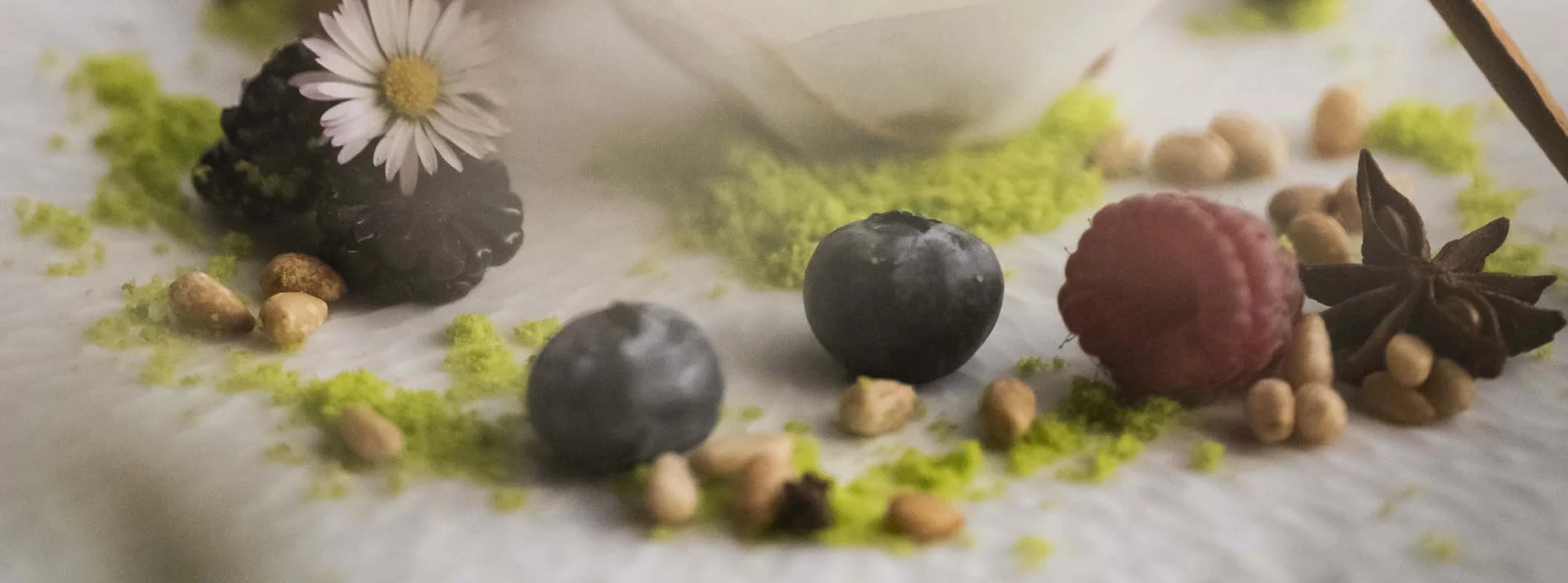 Feines Dessert mit Beeren, Eis und Gewürzen auf weißem Teller