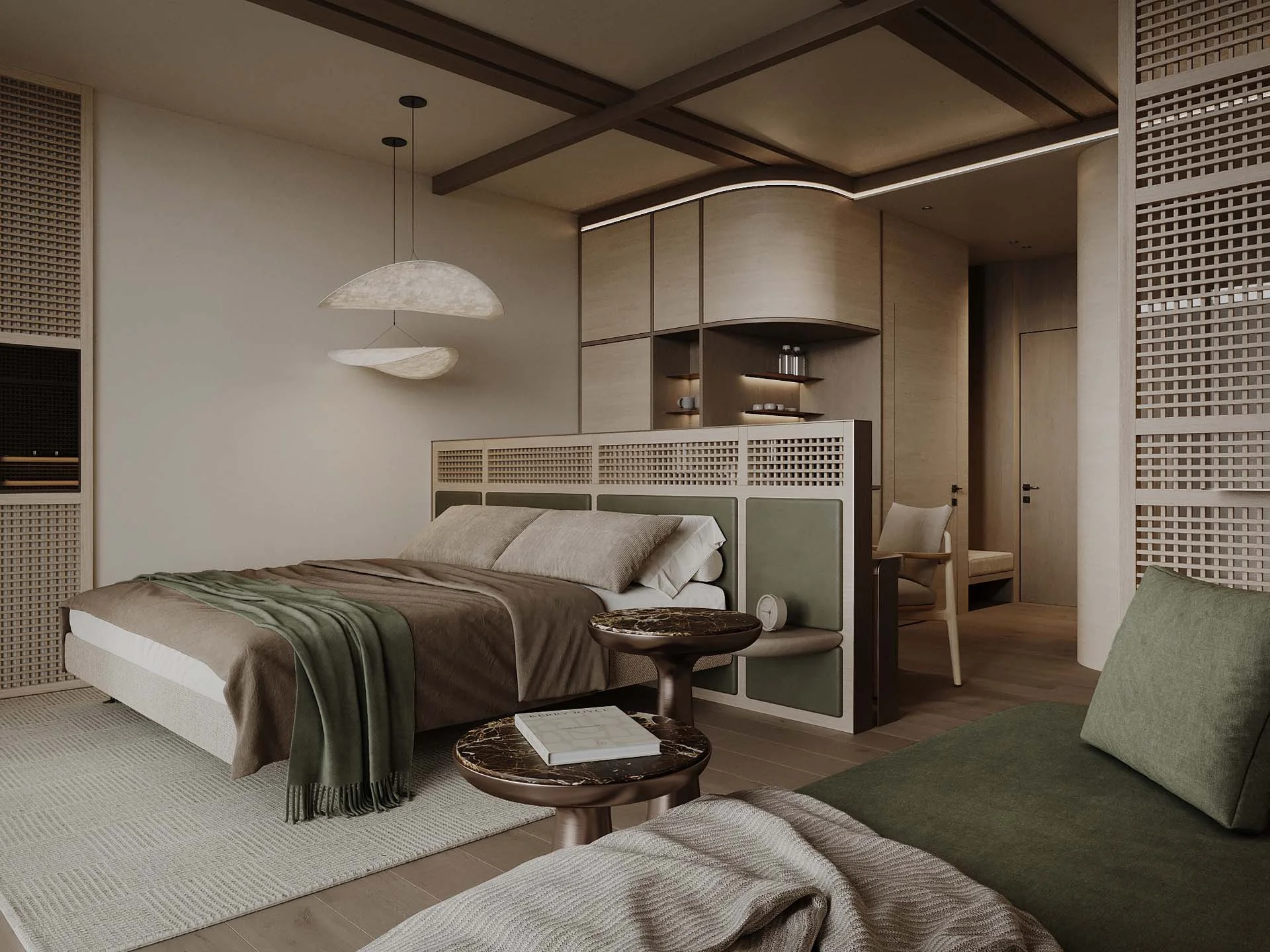 Das Wellnesshotel für den Urlaub mit Hund in Südtirol Modernes Schlafzimmer mit grünem Sofa und Akzenttisch in warmen Erdtönen
