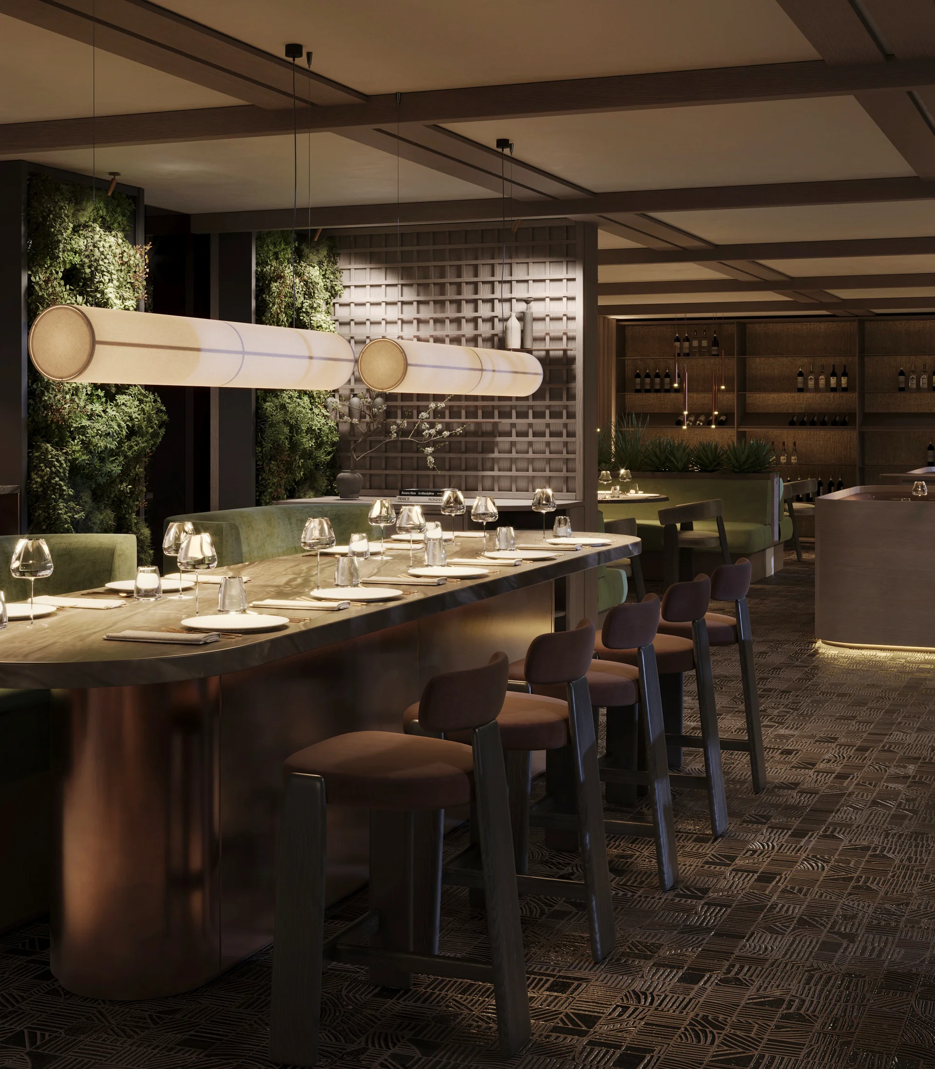 Modern stylish dining area with green seating and soft ambient lighting