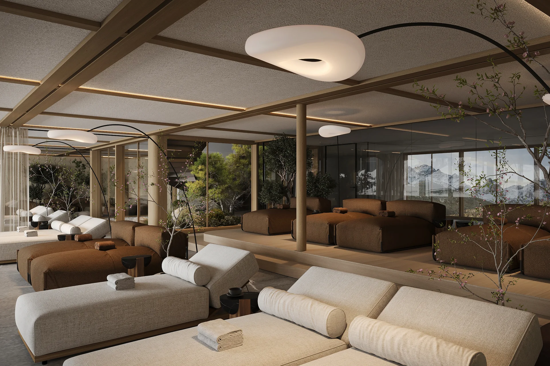 Moderne entspannende Lounge mit Liegestühlen und großen Spiegeln