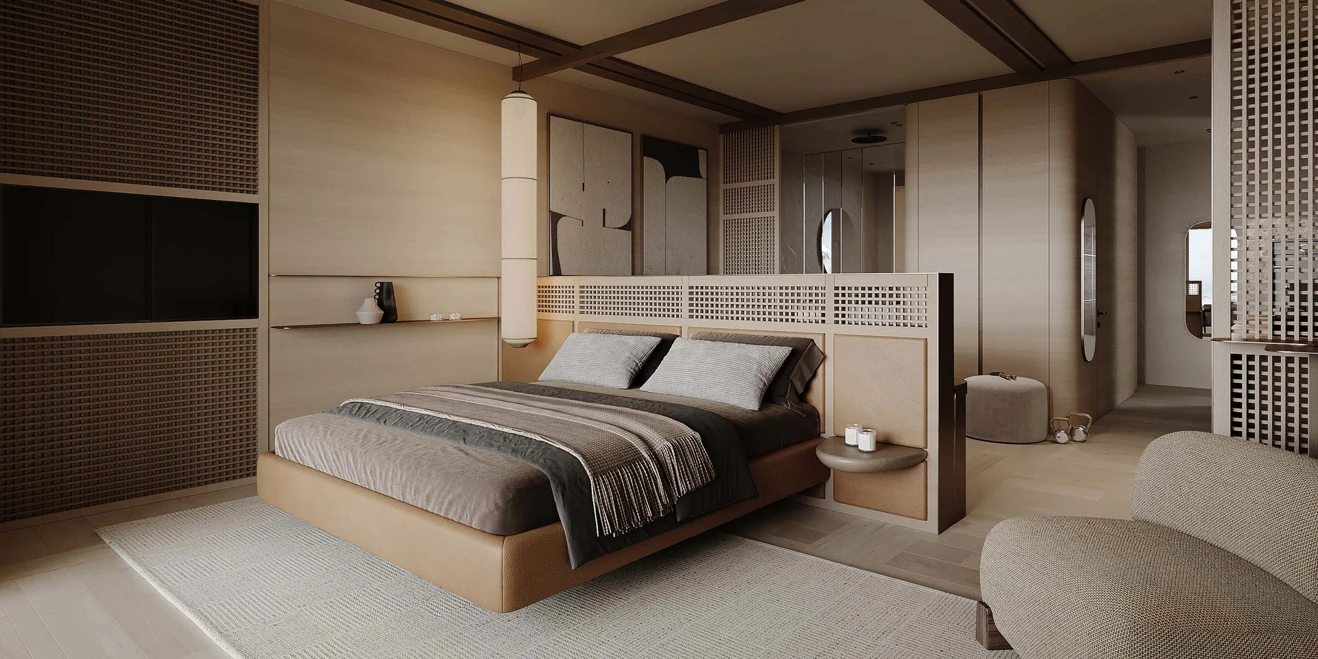 Modernes Schlafzimmer mit braunem Bett und leuchten in warmen Tönen