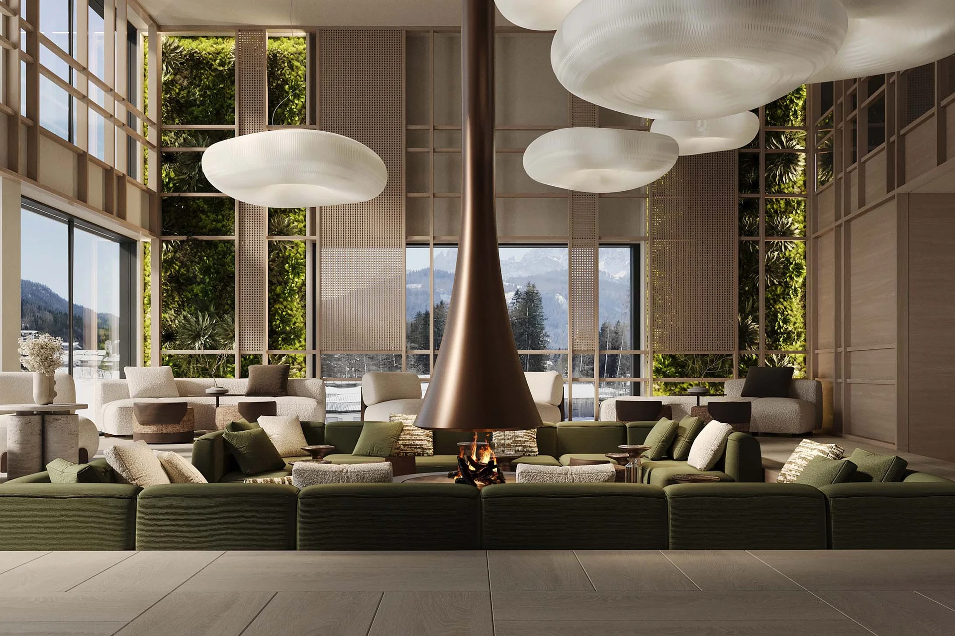Moderner Hotel-Loungebereich mit zentralem Kamin und großen Fenstern mit Bergblick