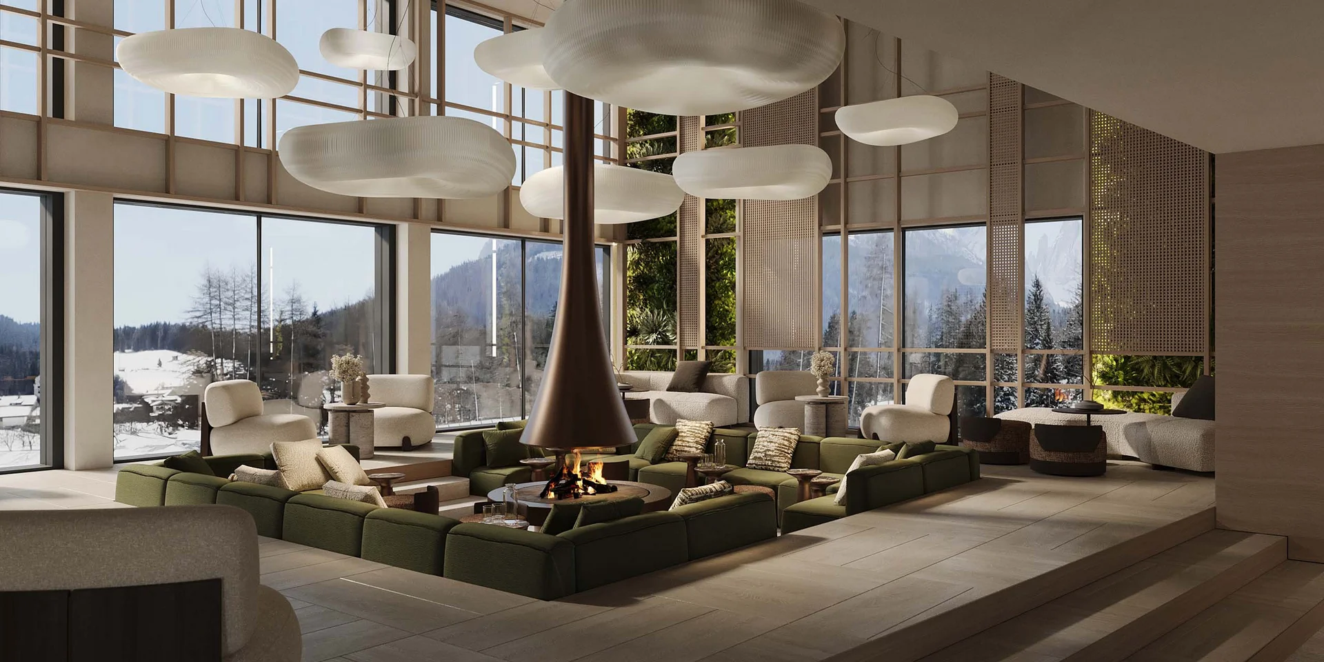 Modern living room with large central fireplace and panoramic windows