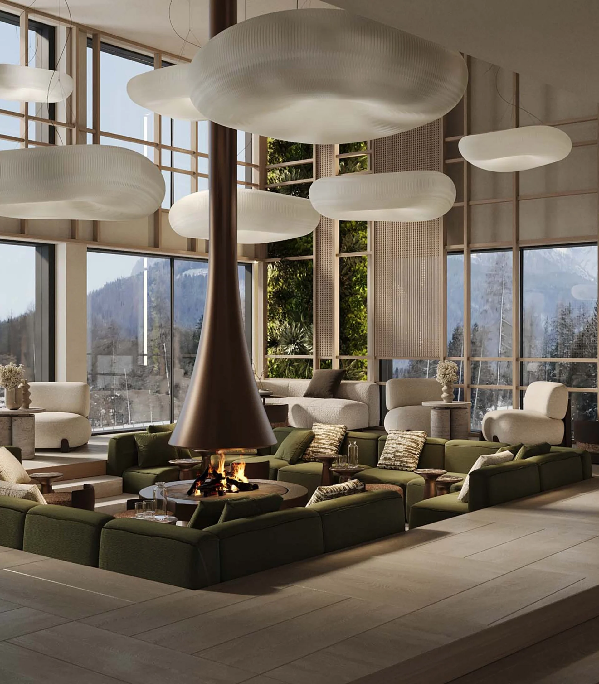 Modernes Wohnzimmer mit großer Feuerstelle und Panoramafenstern