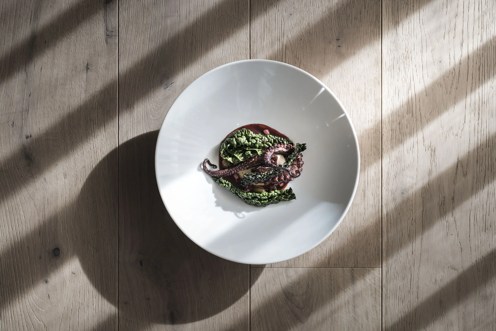 Gegrillter Oktopus mit Kohlblättern auf weißem Teller