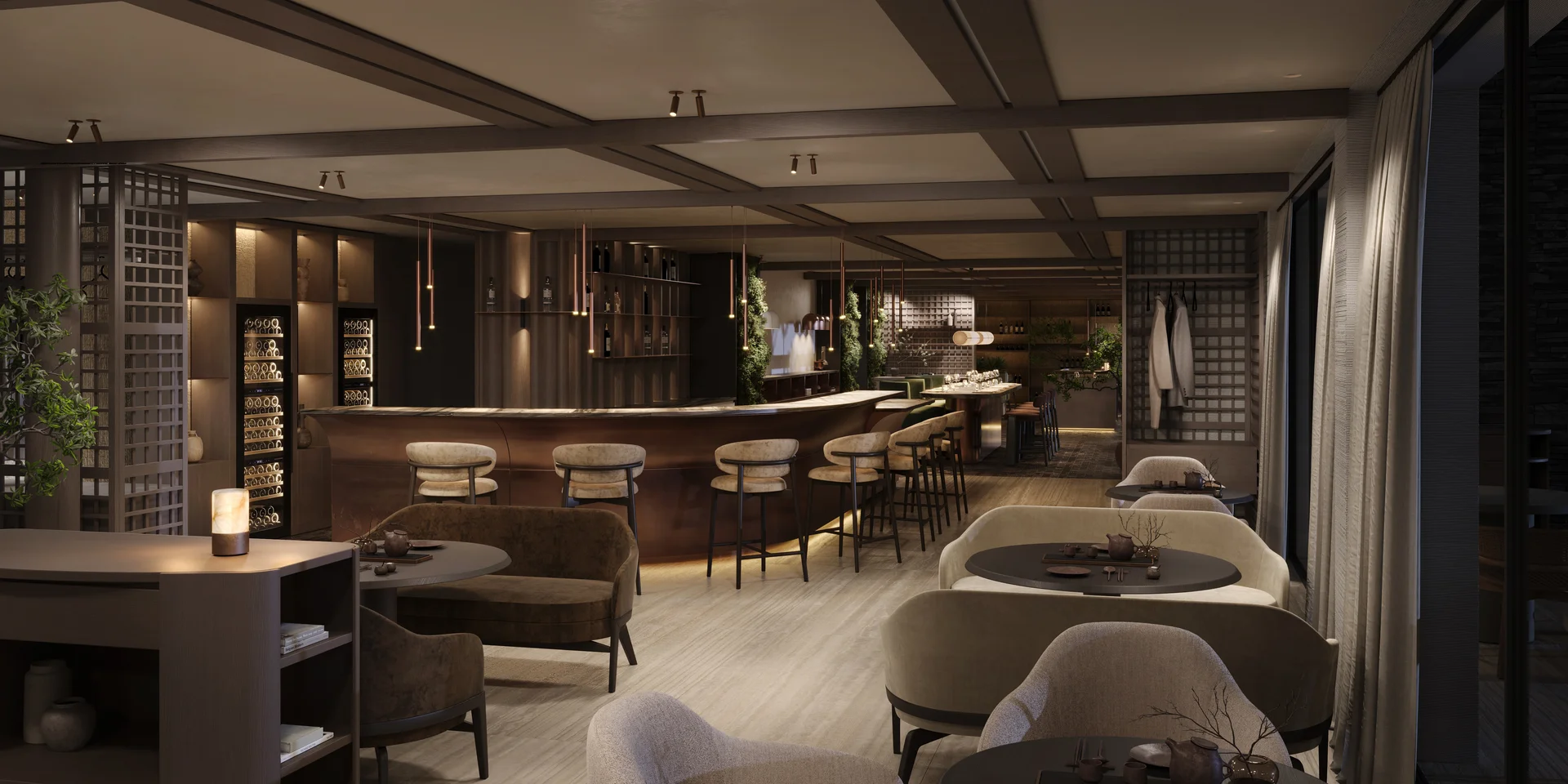 Moderne Bar und Lounge mit elegantem Interieur und gemütlichen Sitzbereichen.