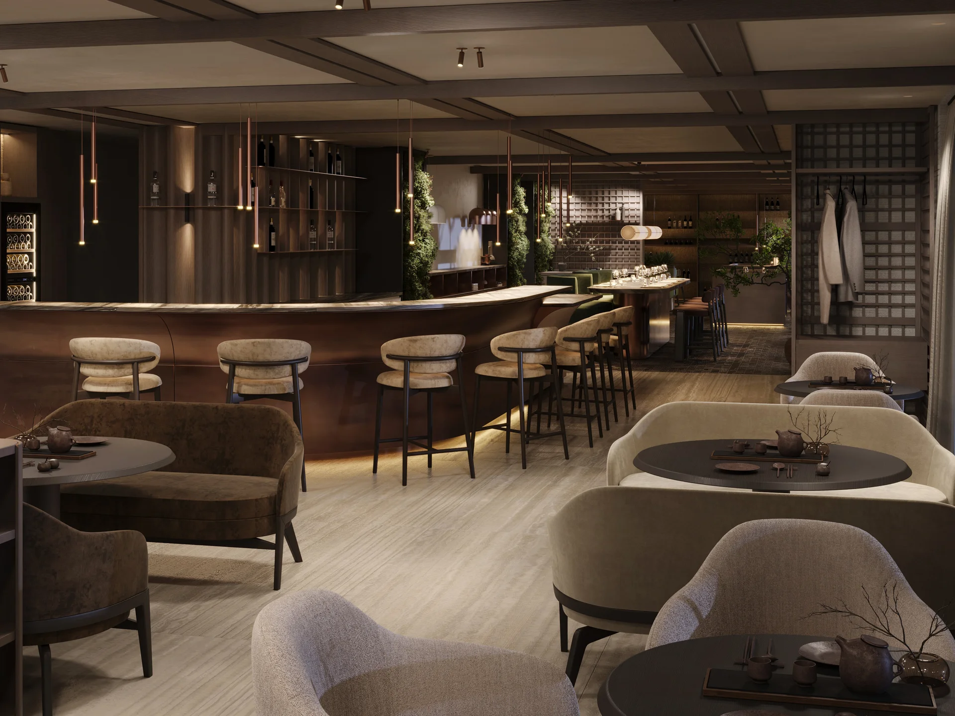 Café the bosco®: ein Ort des Genusses und der Begegnung Moderne Bar und Lounge mit elegantem Interieur und gemütlichen Sitzbereichen.