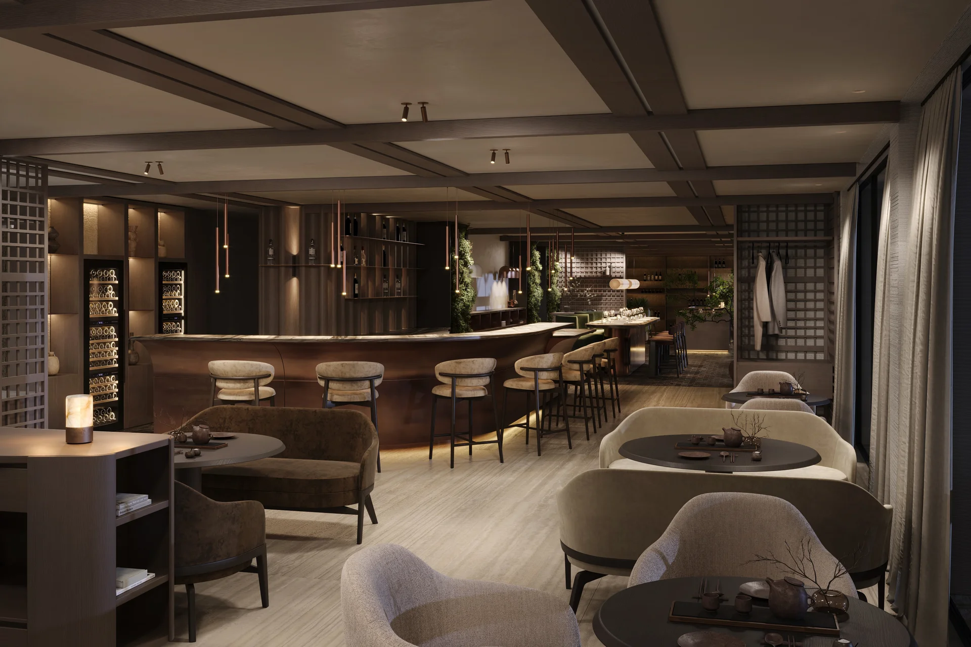 Moderne Bar und Lounge mit elegantem Interieur und gemütlichen Sitzbereichen.