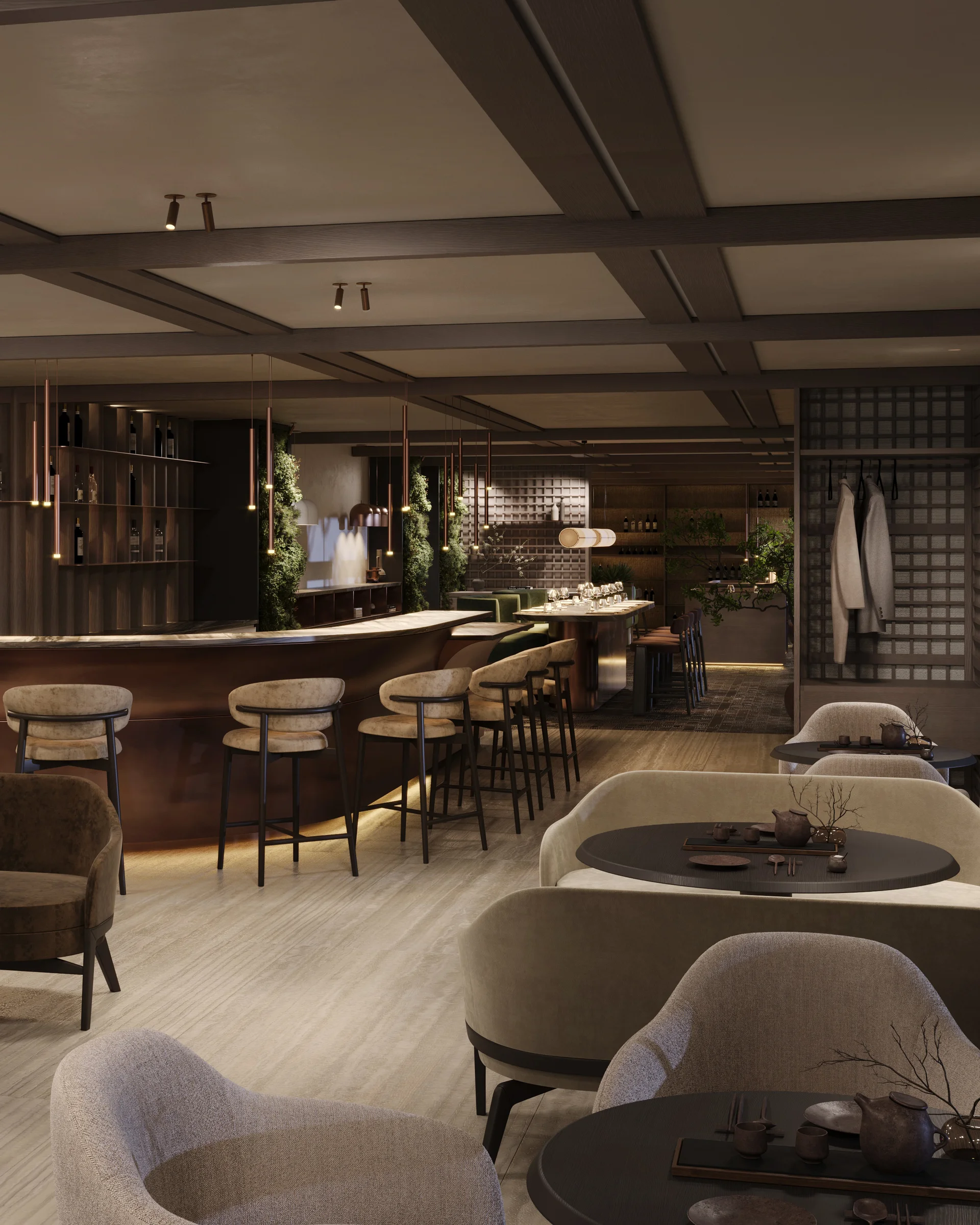 Moderne Bar und Lounge mit elegantem Interieur und gemütlichen Sitzbereichen.