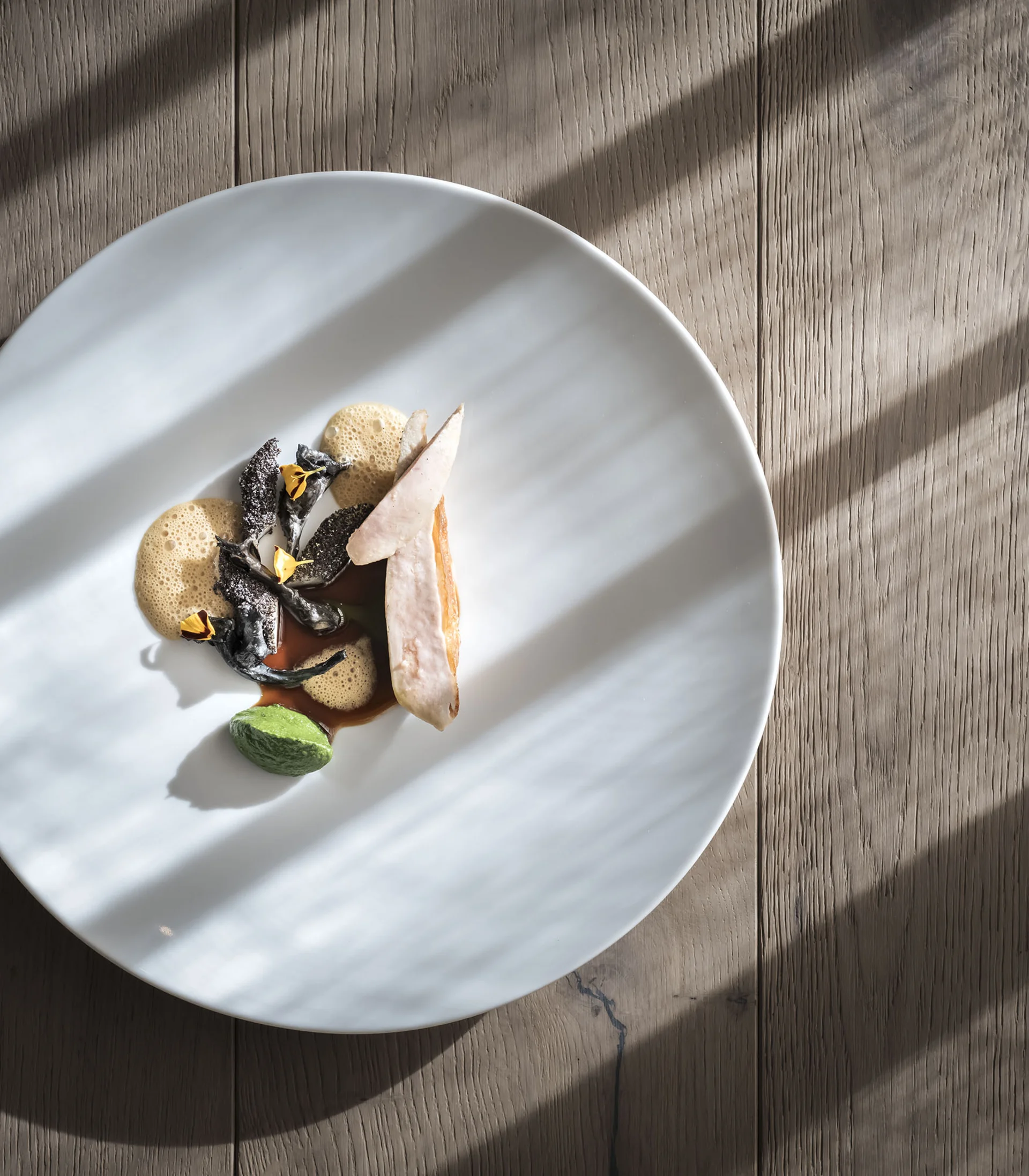 Piatto artistico con funghi e purea verde su un piatto bianco