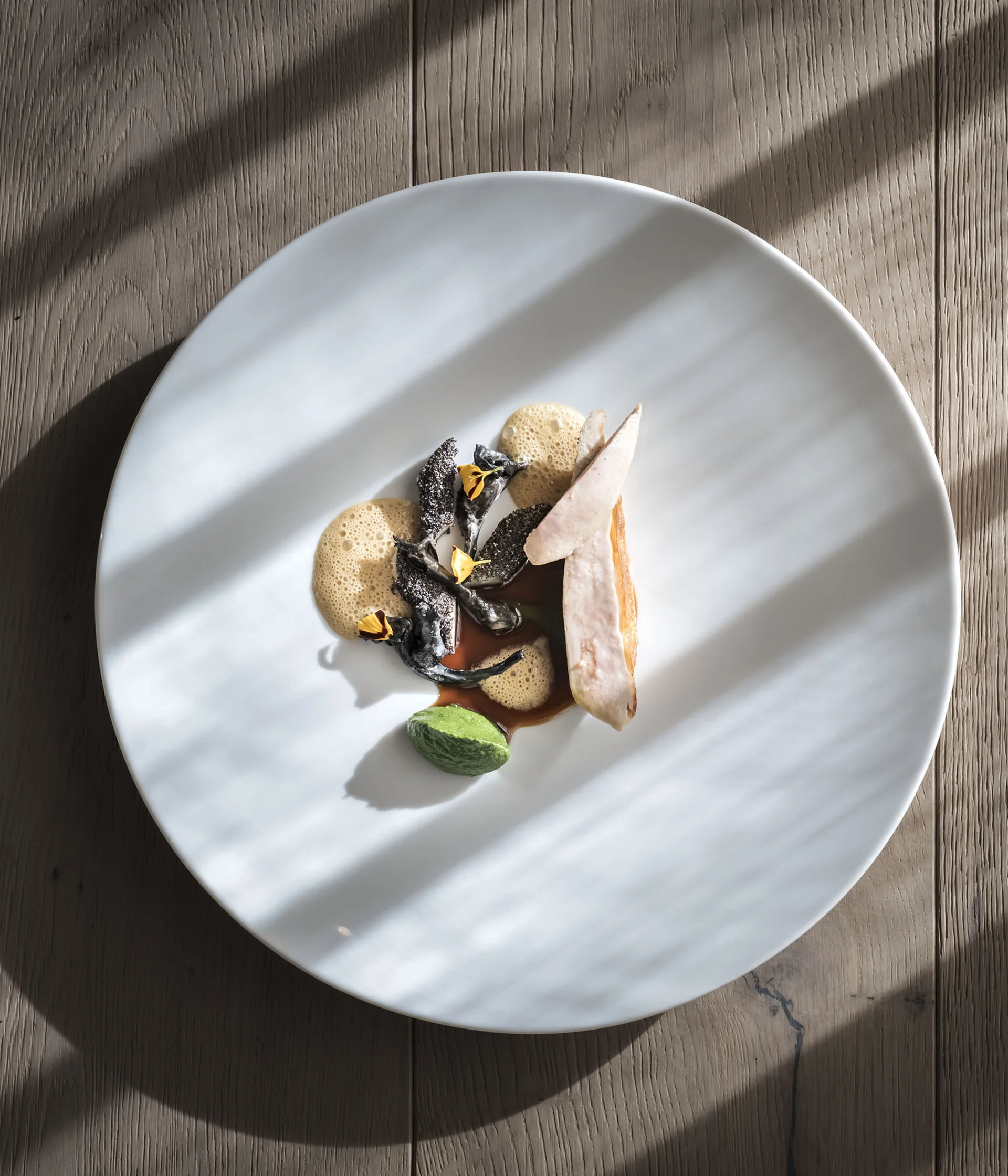 Piatto artistico con funghi e purea verde su un piatto bianco