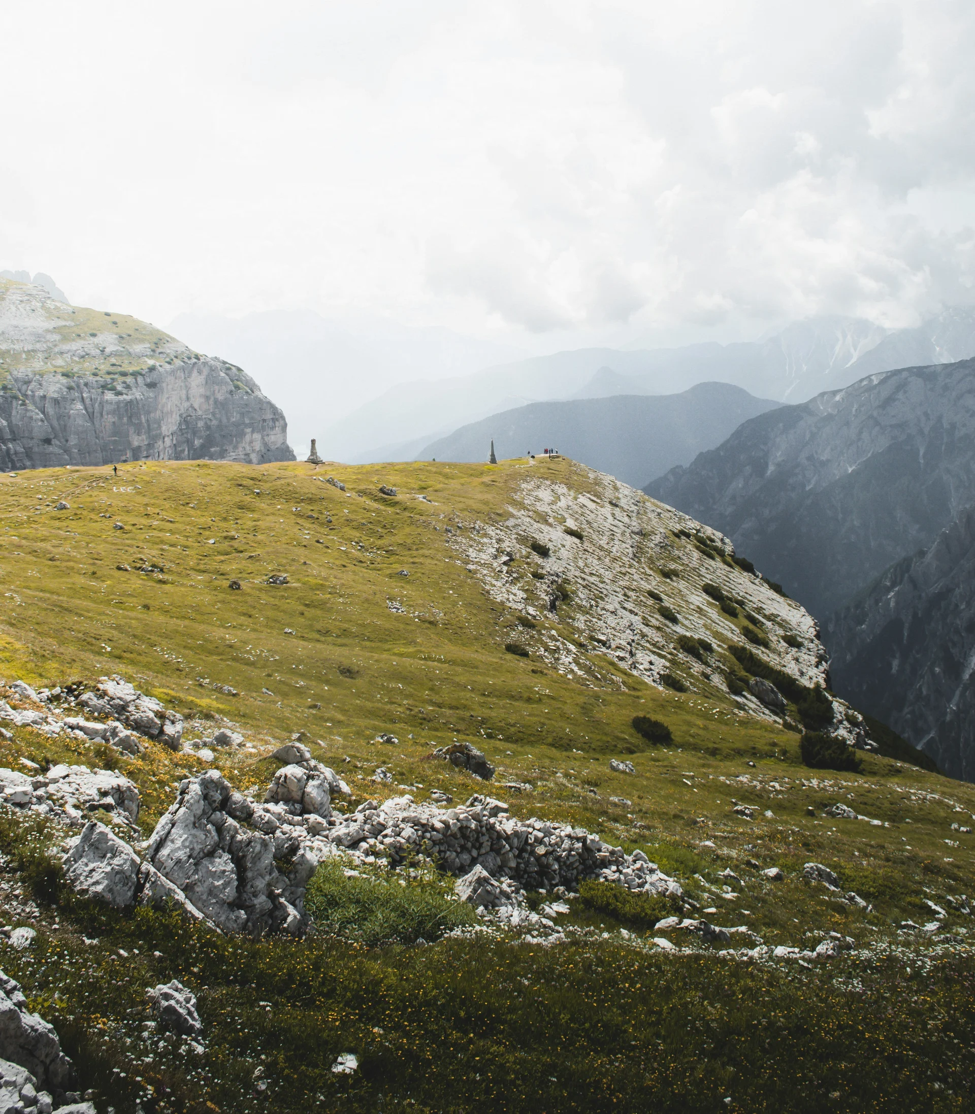 Grüne Bergwiese mit Felsen und bewölktem Himmel in den Alpen