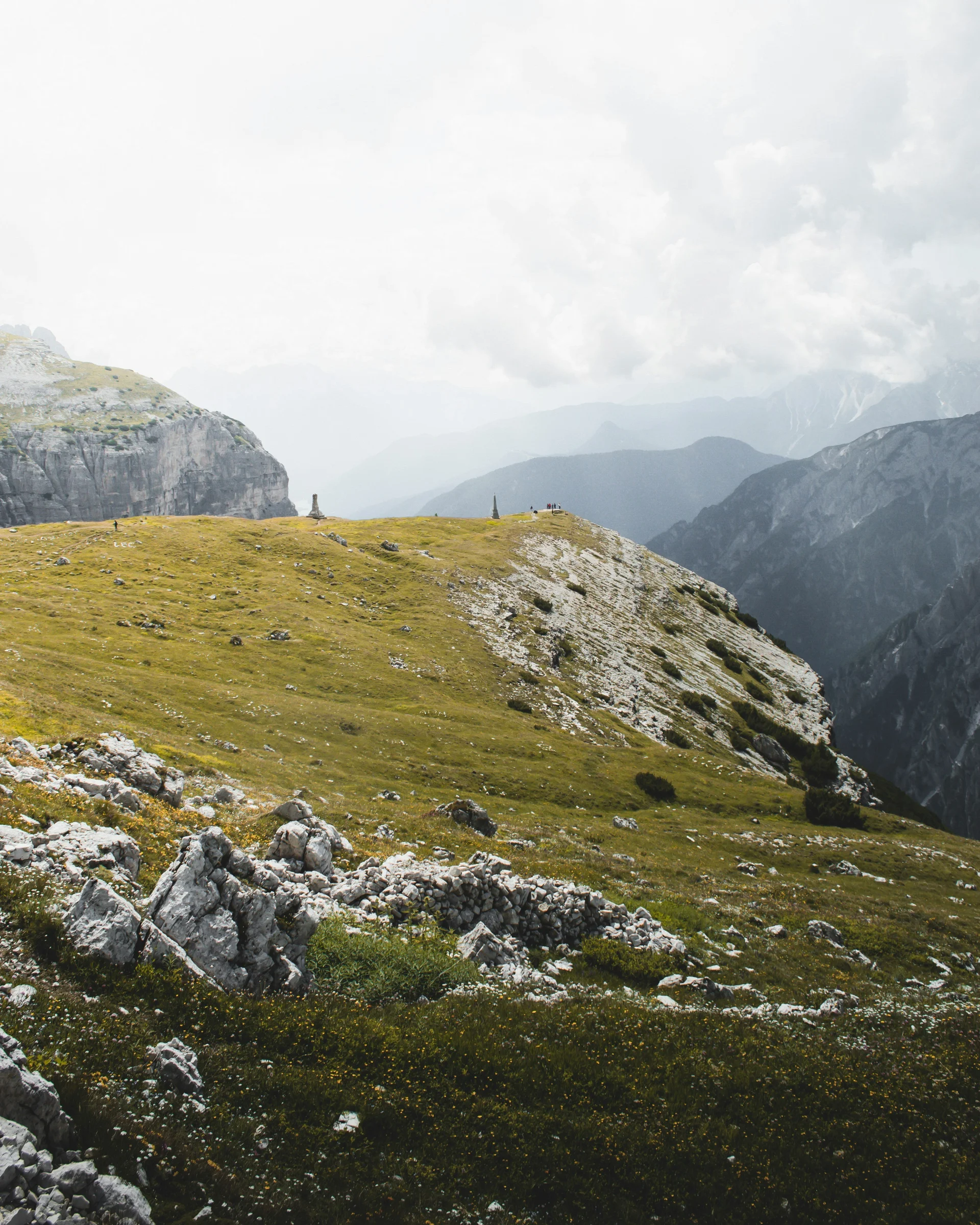 Grüne Bergwiese mit Felsen und bewölktem Himmel in den Alpen