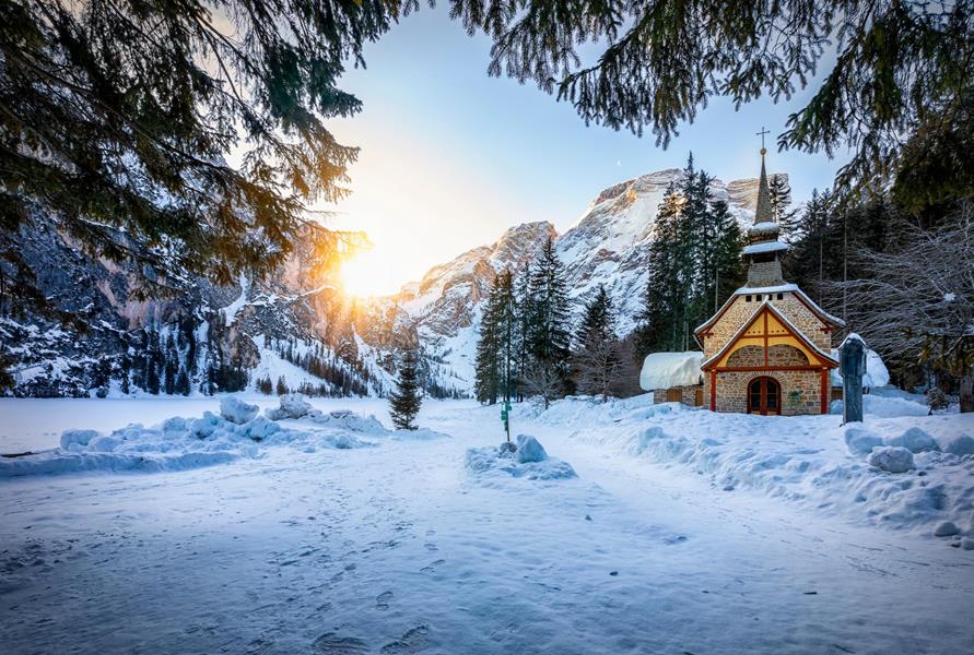 The church at Lake Braies in winter